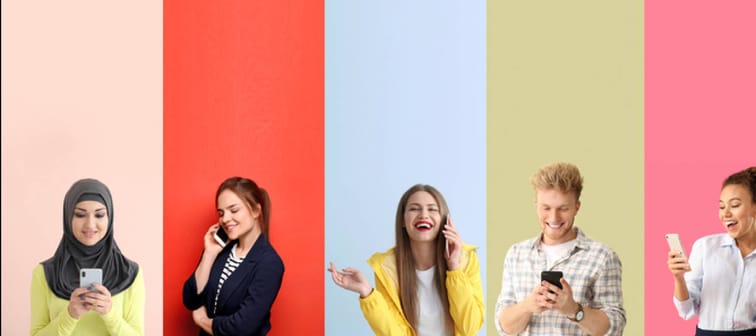 Collage of photos with different emotional people using mobile phones