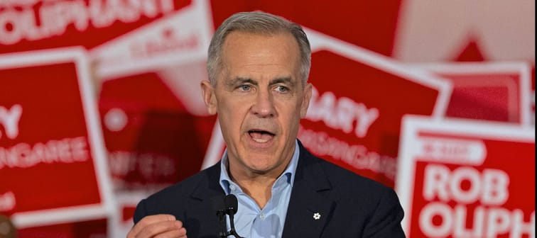 Canada's Prime Minister Mark Carney speaks during a campaign rally at the Metropolitan Centre in Toronto, Ontario, on April 4, 2025