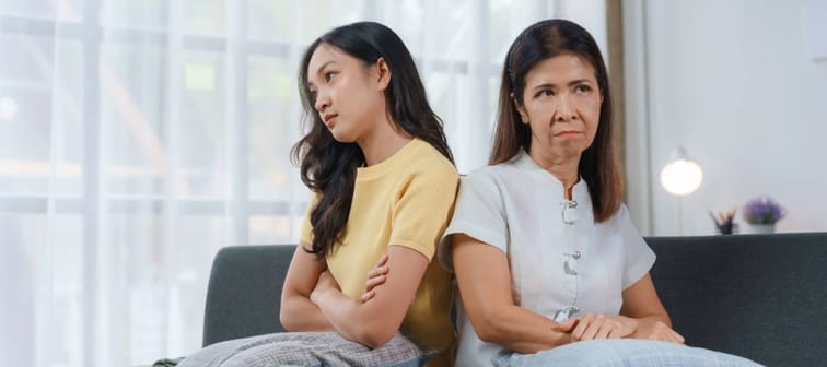 Woman and child looking annoyed