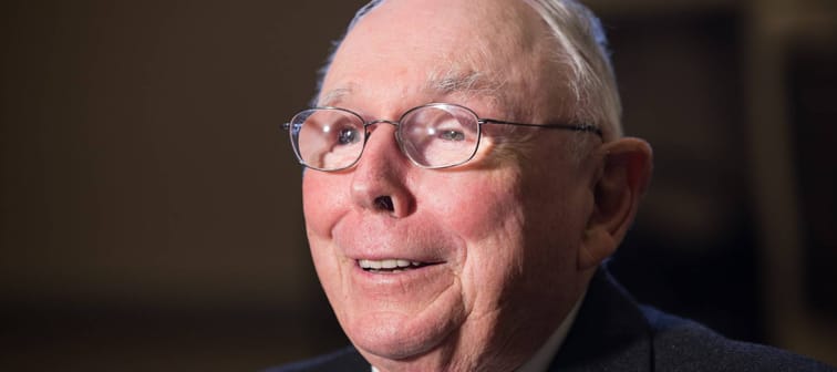 Charlie Munger portrait while wearing a suit in his later years
