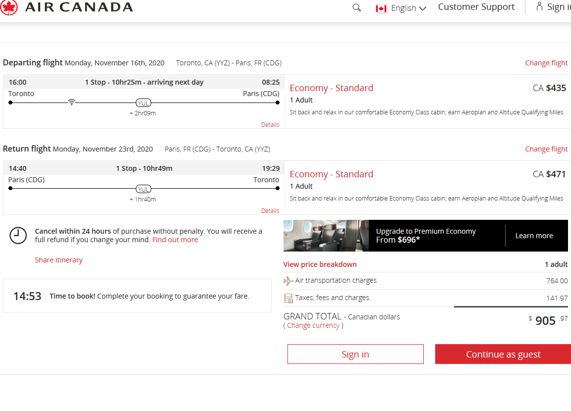 Here's an example of a potential award flight booking with Air Canada