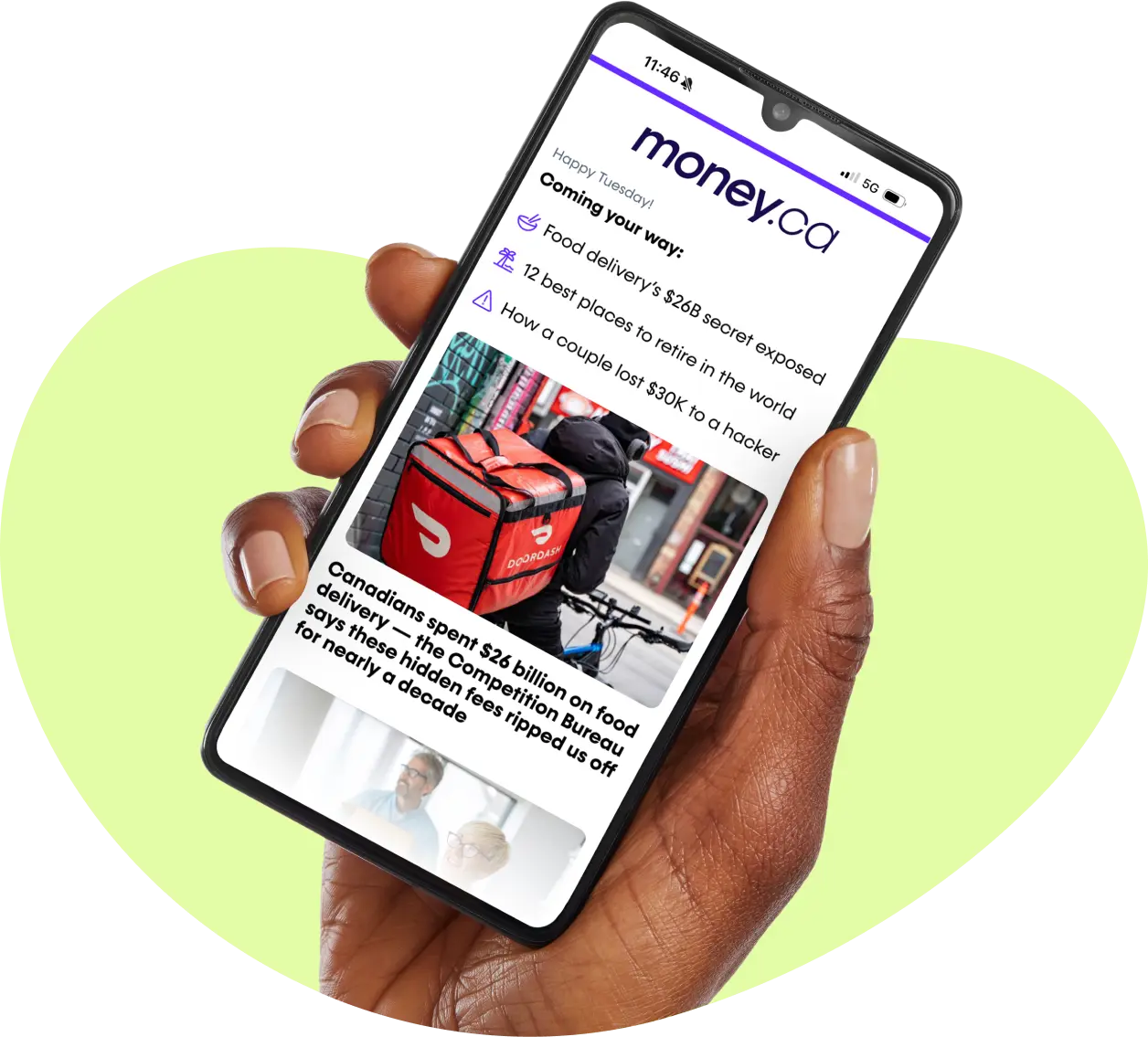Mobile screen with Money.ca home page